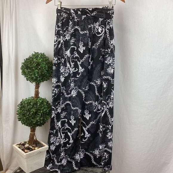 EST 1948 Black & White Floral Chain Print Belted Palazzo Wide Leg Pants XS NEW - Picture 3 of 7